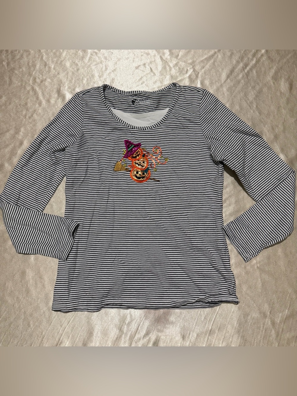 Vintage Holiday Editions Halloween Striped Sequin Pumpkin Shirt Size  small